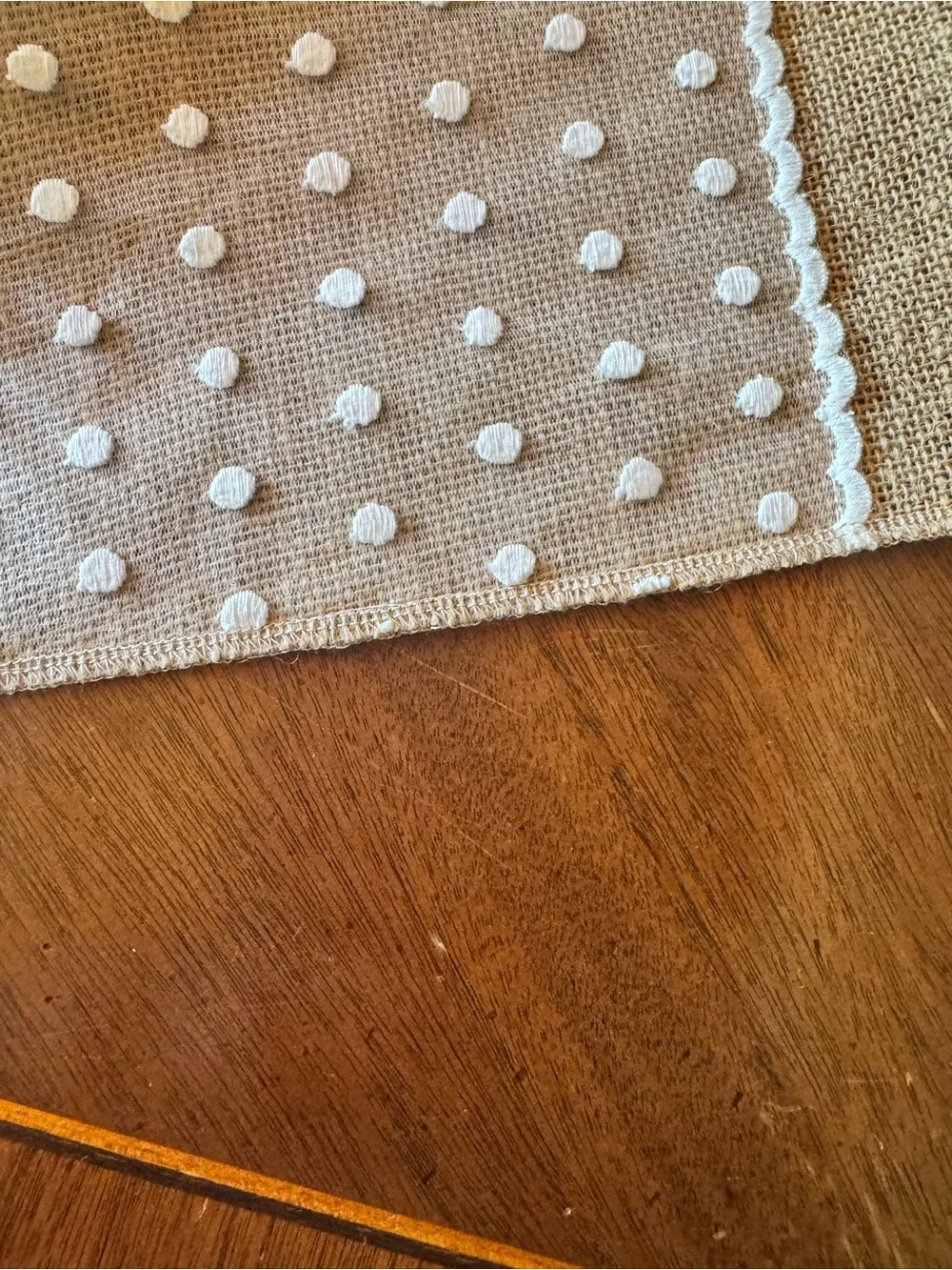 Long Burlap Table Runner White Lace Polka Dots 144” Farmhouse Entertaining